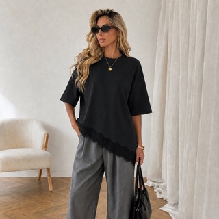 BLUSA FEMININA OVERSIZED DE RENDA BLUSA ASSIMÉTRICA BLUSA FEMININA ESTILOSA T SHIRT FEMIN…