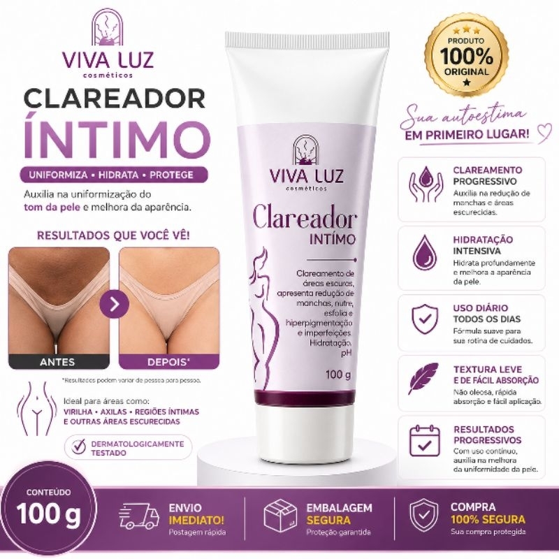 Clareador Íntimo Viva Luz 100g Creme Clareador para Virilha Axilas Partes Íntimas Áreas Escurecidas | Original