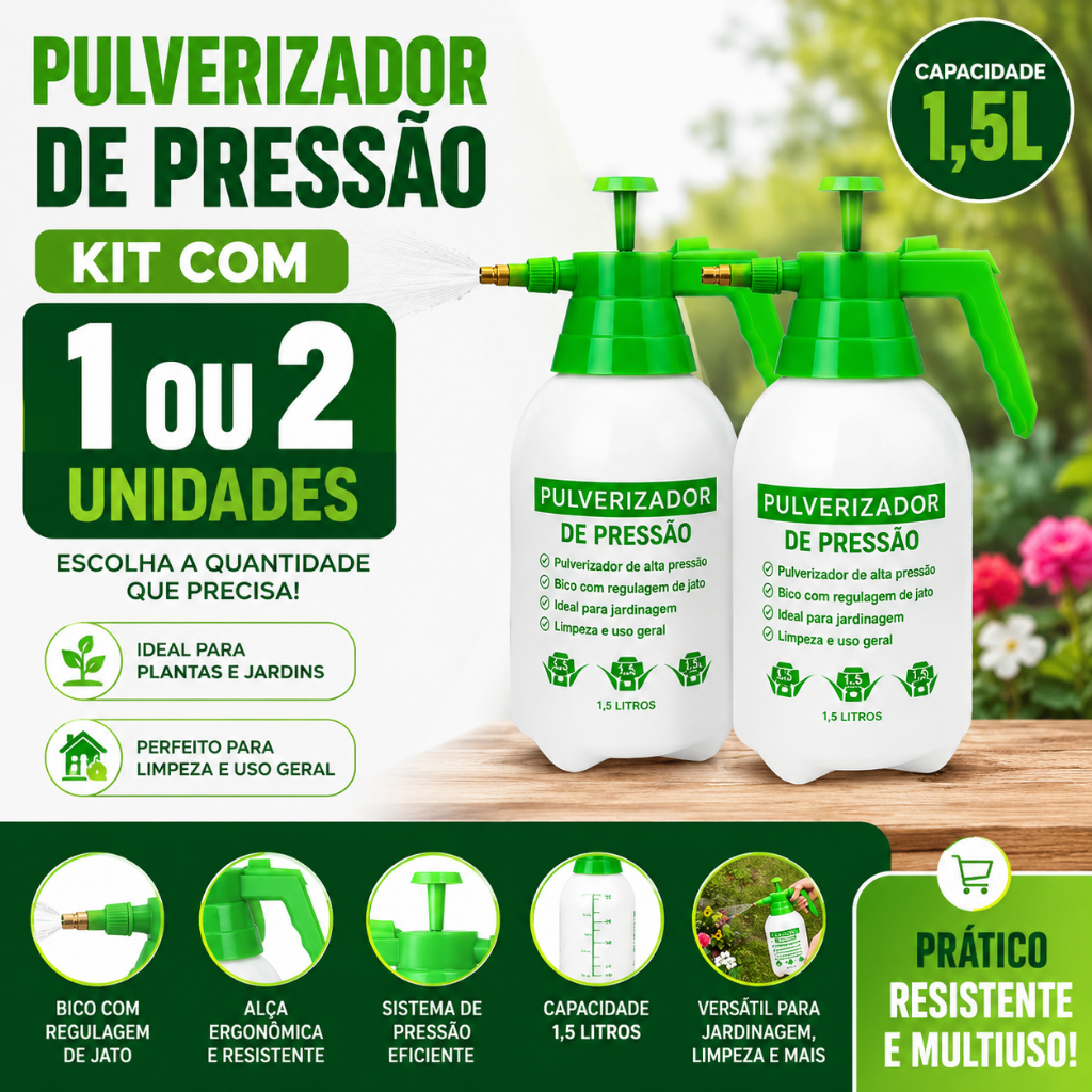 Pulverizador de Pressão 1,5L Kit com 1 ou 2 Unidades Borrifador Manual