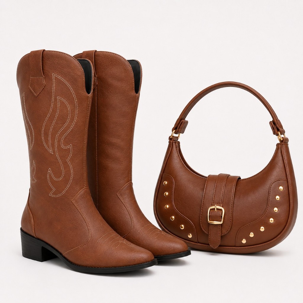 Kit Bota Country + Bolsa Feminina Marrom Caramelo | Elegância Western que Combina com Tudo
