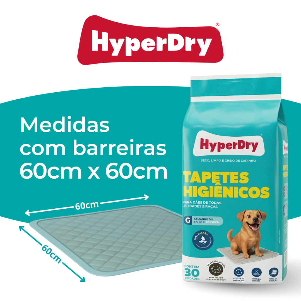 Kit 1 Pacote de 30 unidades de Tapete Higiênico PET 60x60 Super Absorvente para Cães