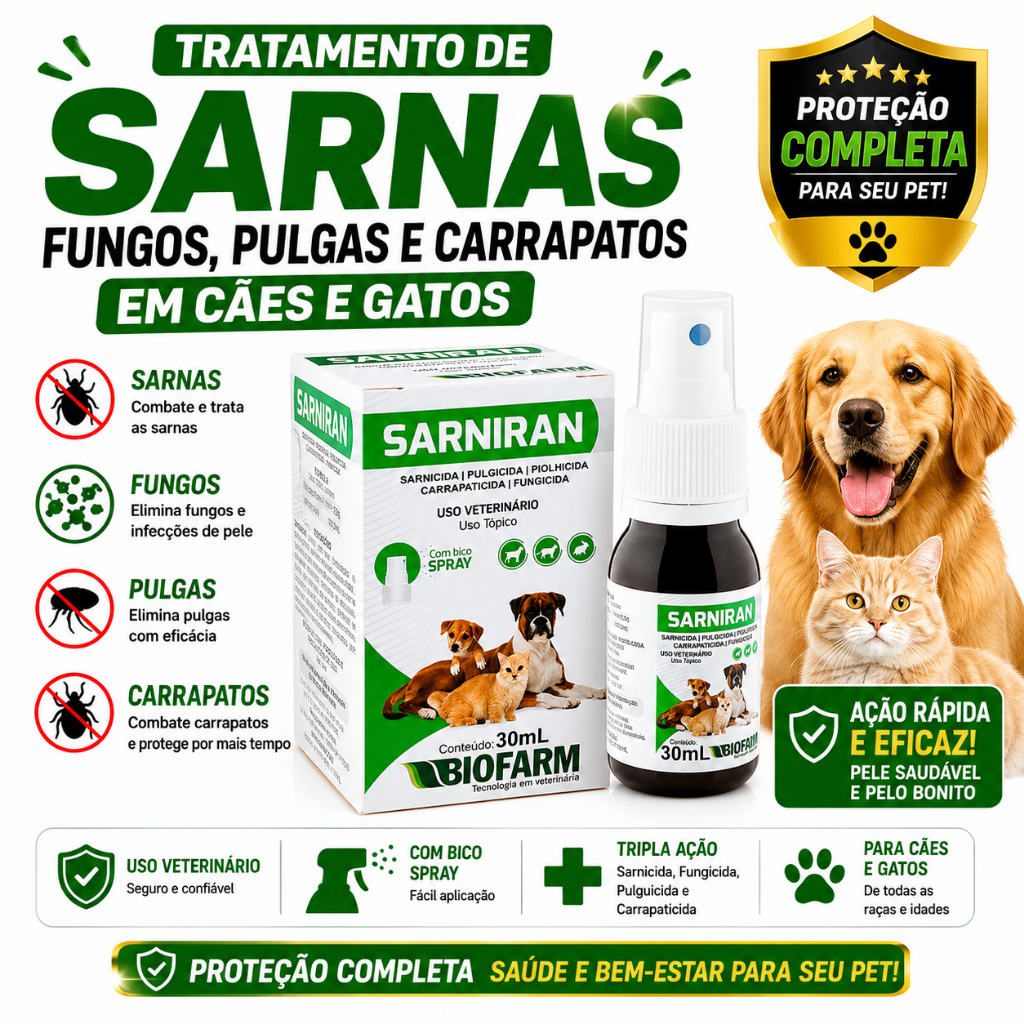 SARNIRAN Spray 30ml Coceiras Dermatite Sarnas Cães ou gatos