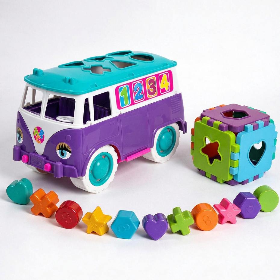 Kit Kombi Educativa + Cubo Pedagógico | Carrinho Colorido Meninas com 12 Peças de Encaixar | Certif INMETRO | QUEEN SHOP