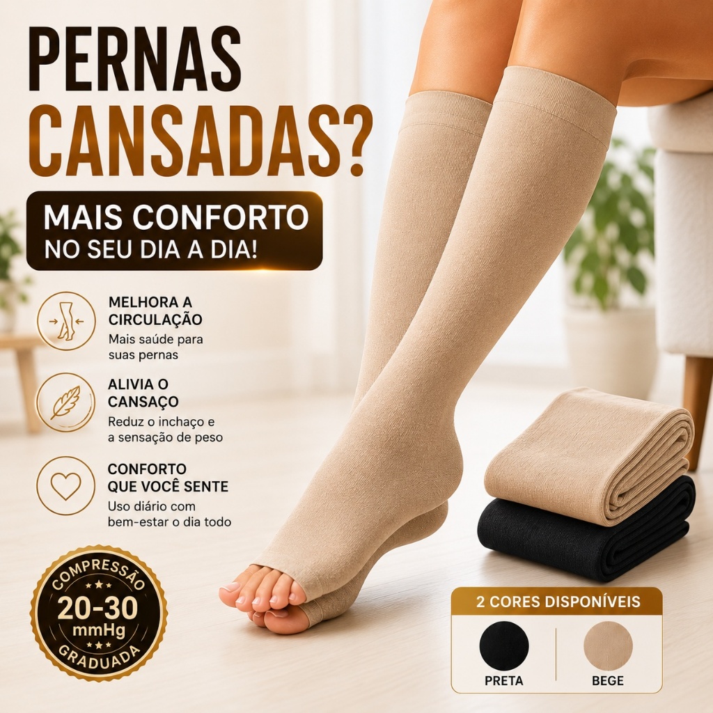 Meia de Compressão 3/4 Unissex 20-30mmHg P ao GG Preta Bege Para