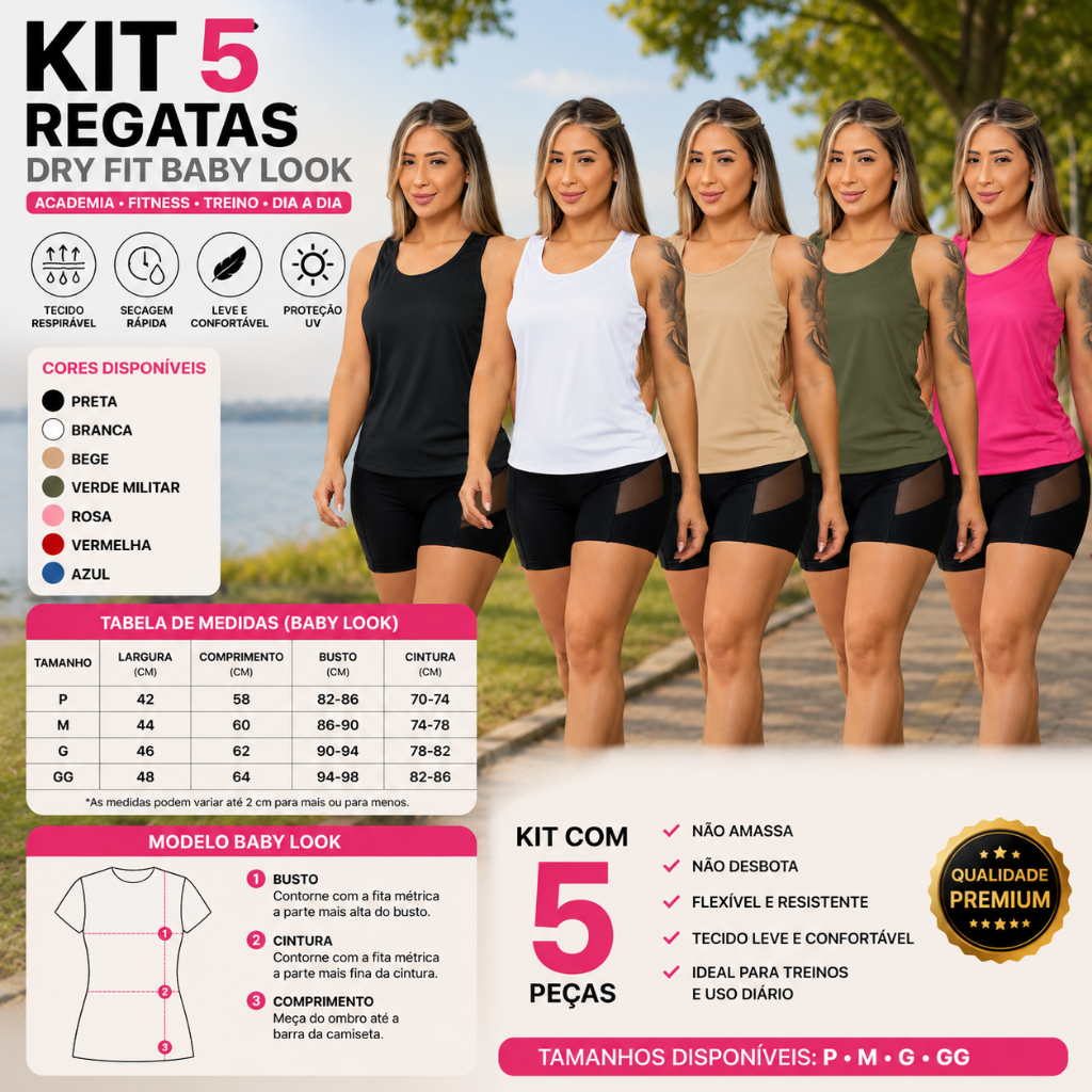 KIT 5 Regata Dry Fit Feminina Academia Costas Nadador Esportiva Confortável Lisa Treino Fitness Leve Treino Corrida