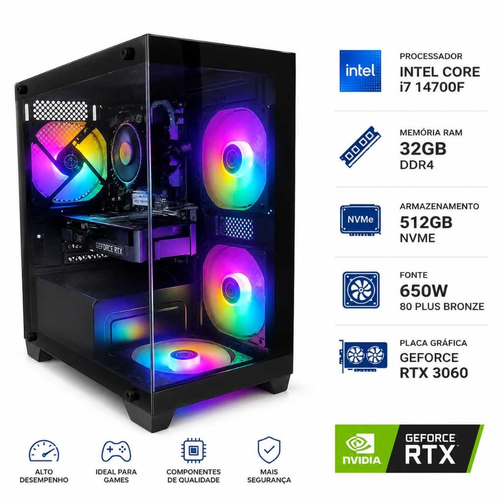 Computador Gamer Intel Core i7 14700F | 32GB RAM | GeForce RTX 3060 12GB | 512GB