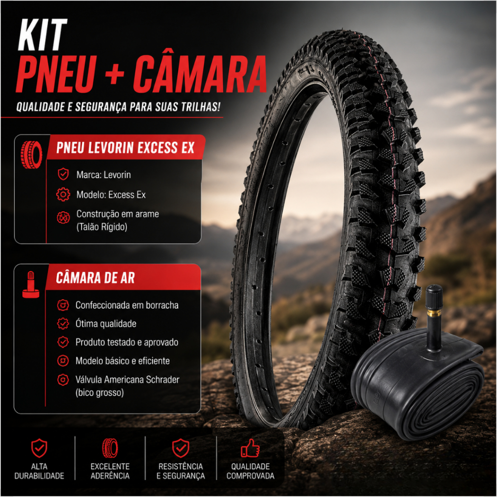 Pneu bicicleta Levorin Excess aro 24 x 1.95 Cravudo Infantil mtb banda leve + Camara bico grosso