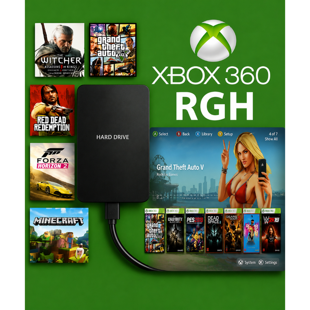 HD 500GB Xbox 360 com case interna RGH/Aurora com 246 títulos de Xbox 360 + jogos retro