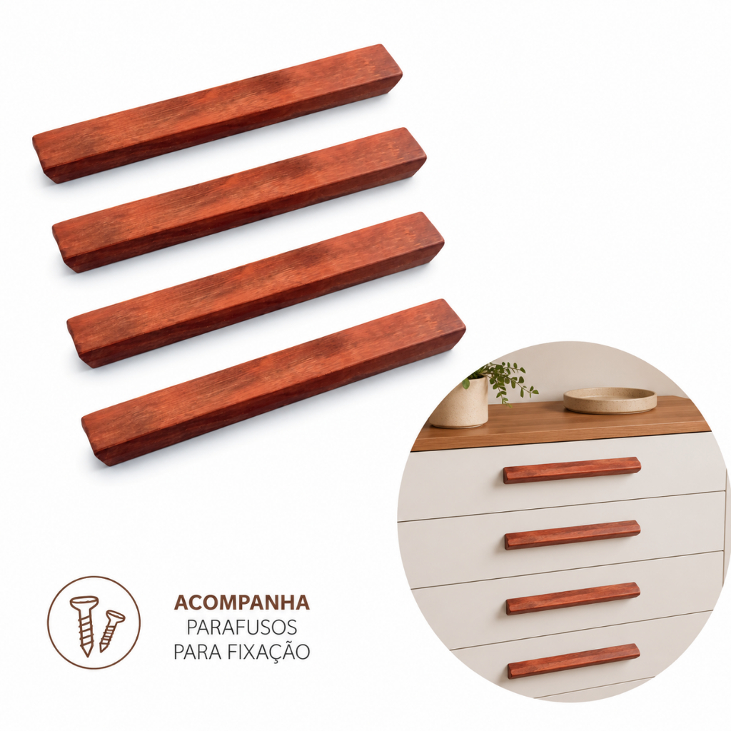 Kit 4 Puxador Madeira Demolição 24cm Armário Gabinete Multiuso c/ Parafusos Fixação