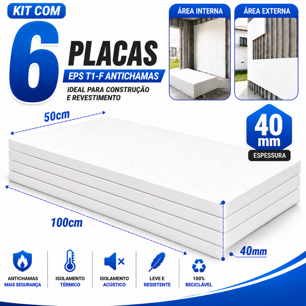 Kit 6 Placas Isopor EPS T1-F 40mm 100x50 Antichamas Construção Decoração