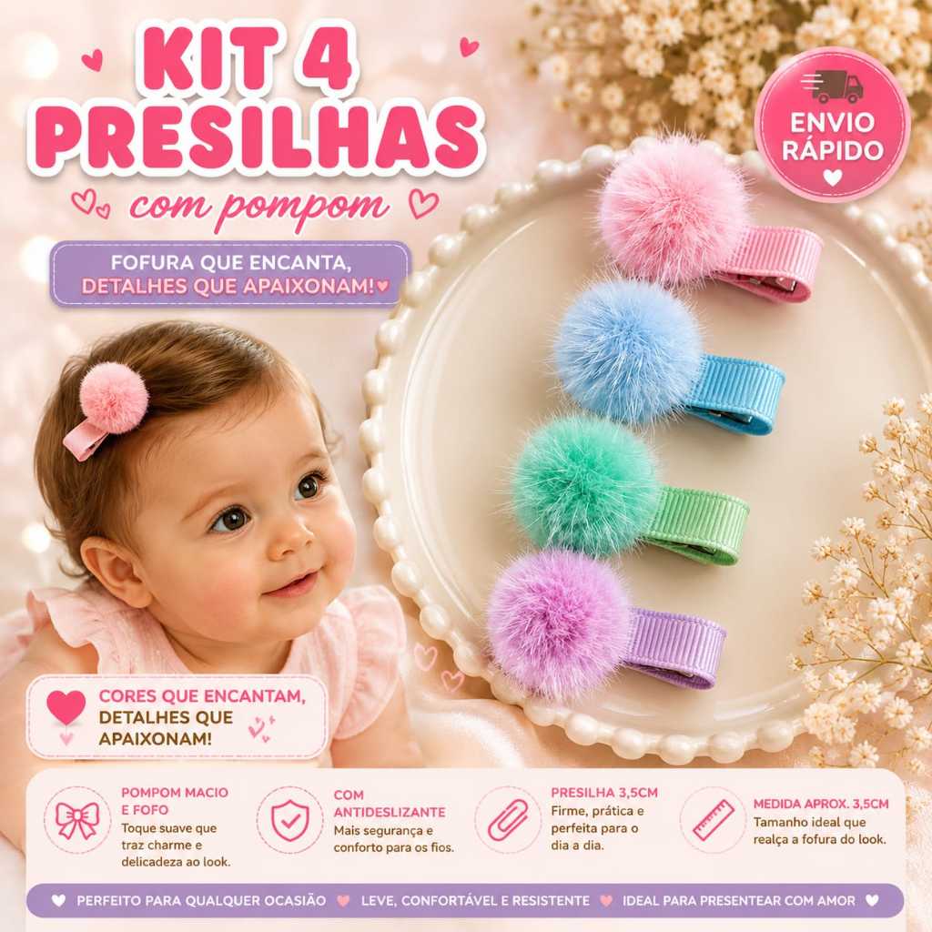 Kit 4 Presilhas Pompom Bebê Bico de Pato 3,5cm Antideslizante Infantil Não Escorrega