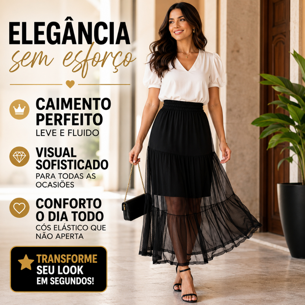 Saia Longa Tule Transparência Três Marias elegante Moda Evangélica Com Forro Promoção Festas Chic Tik Tok Blogueira