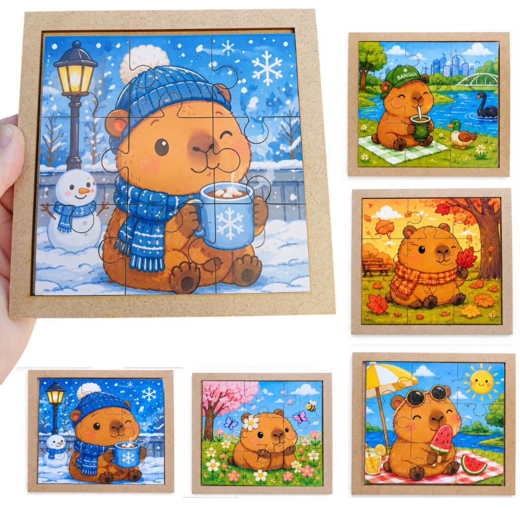 Kit 5 Quebra Cabeça Capivara Infantil de Madeira Educativo