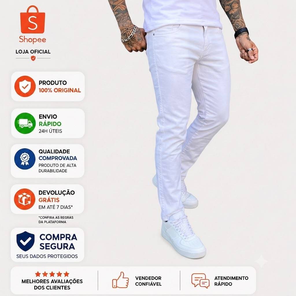 Calça Jeans Skinny Masculina Branca Modelo Básico
