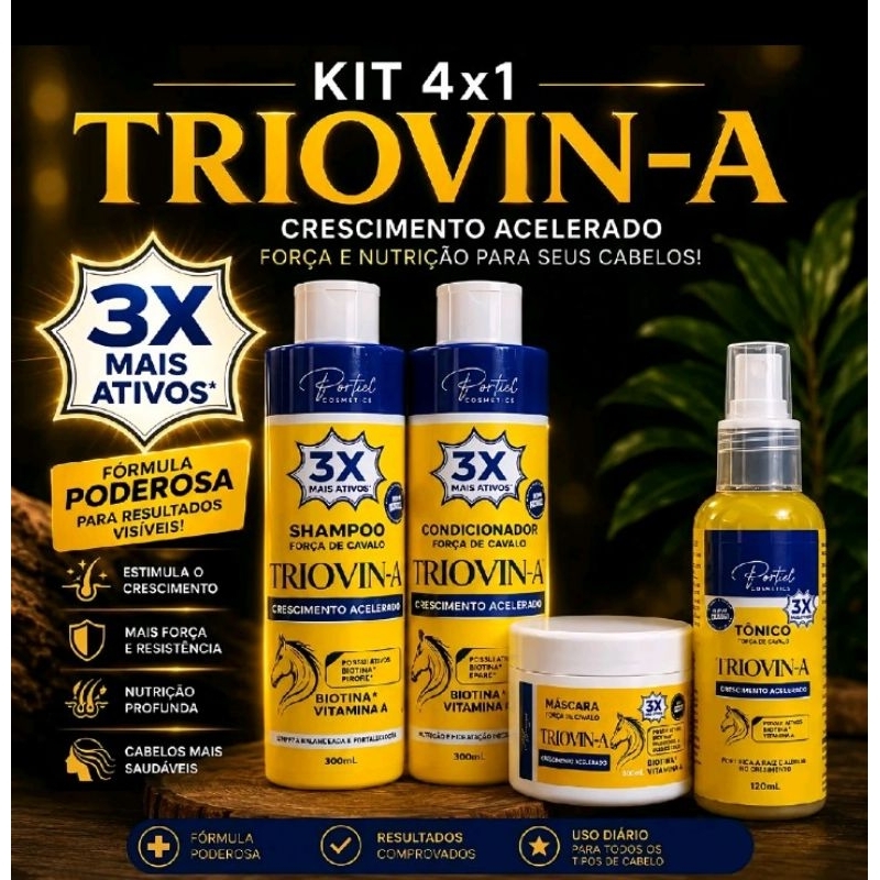 Kit Triovin-A Crescimento Capilar Acelerado Portal Cosmetics Shampoo + Condicionador + Máscara + Tônico Anti Queda Triov