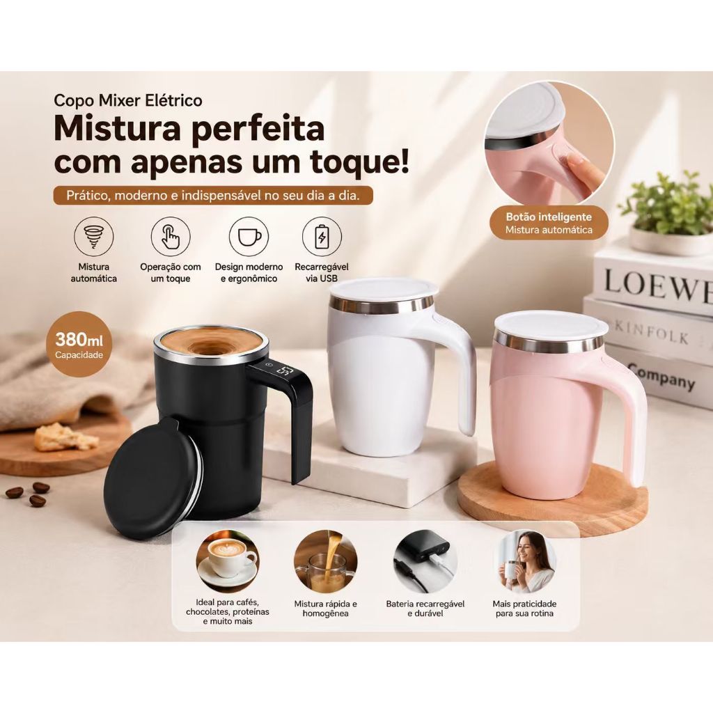Caneca Mixer Automática Elétrica 380ml, Bateria Recarregável USB, Misturador de Café, Leite e Chocolate