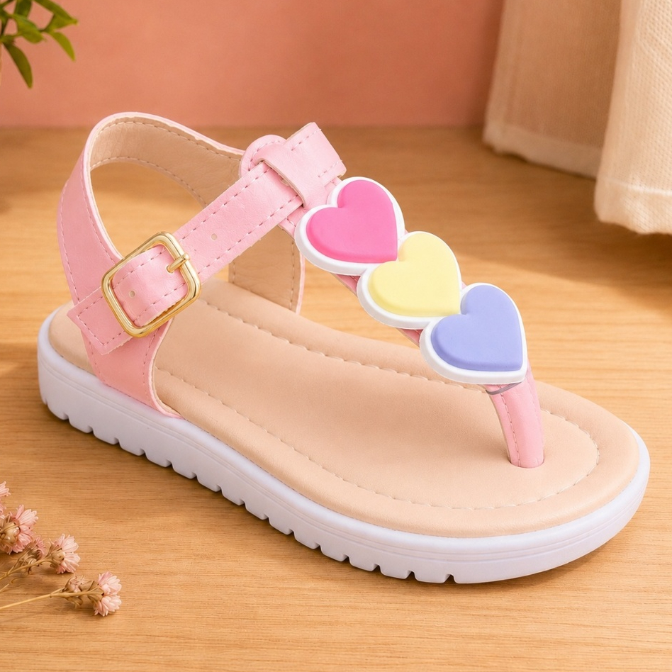 Sandália infantil de dedo enfeite corações coloridos linda e Confortável.