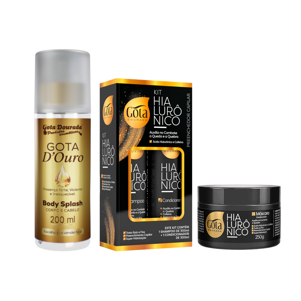 Kit Luxuosa Gota Dourada - Shampoo, Condicionador, Máscara Hialurônico + Body Go