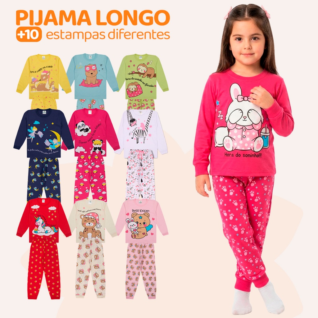 Kit Sortido 10 Peças Pijama Infantil Menina Manga Longa (5 Camisetas + 5 Calças)
