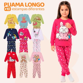 Kit Sortido 10 Peças Pijama Infantil Menina Manga Longa (5 Camisetas + 5 Calças) Tamanho 1 ao 10