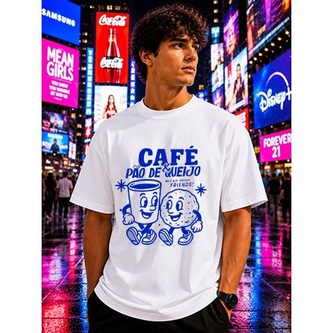 Camiseta Casual Feminina Café e Pão de Queijo Engraçada Masculina Algodão Unissex Estampada Divertida