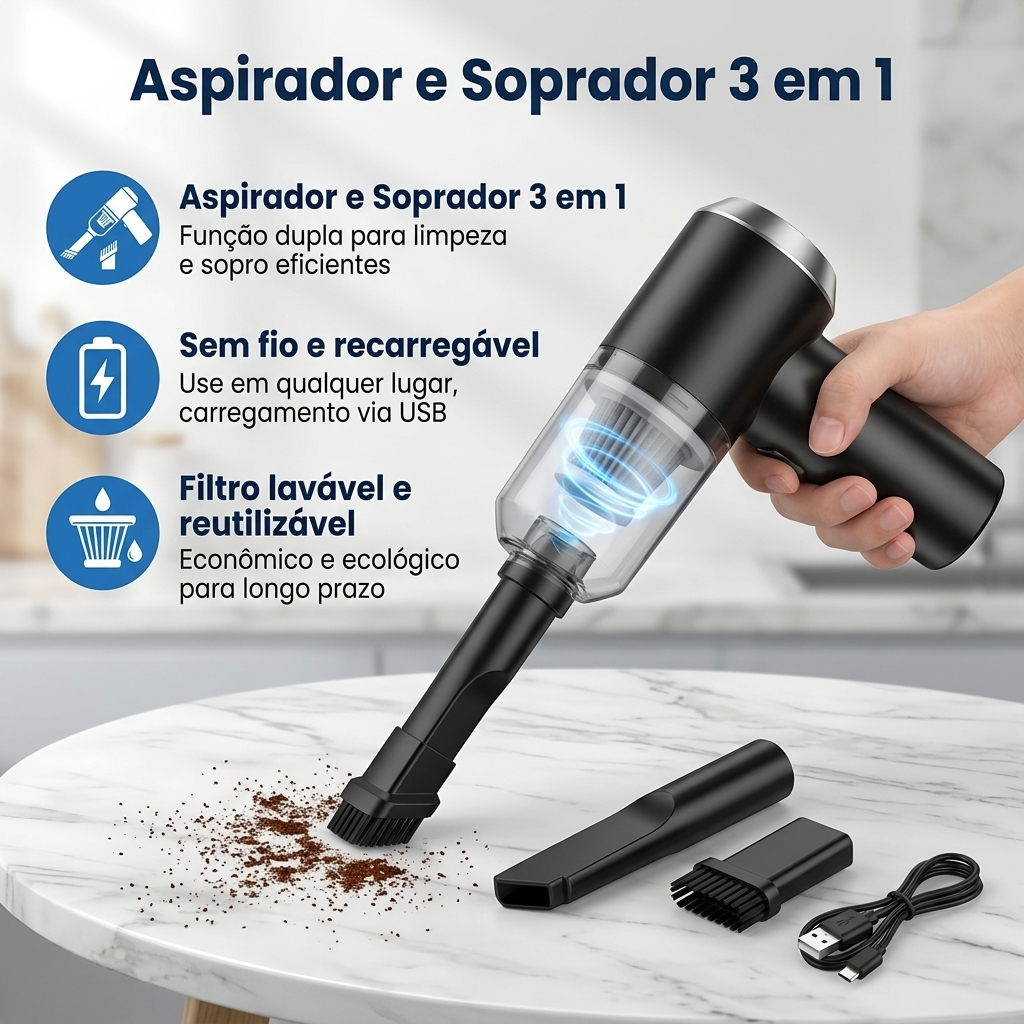 Mini Aspirador de Pó Portátil 3 em 1 Recarregável USB - Automotivo para Carro, Cantos e Escrivaninha, Silencioso e Compa