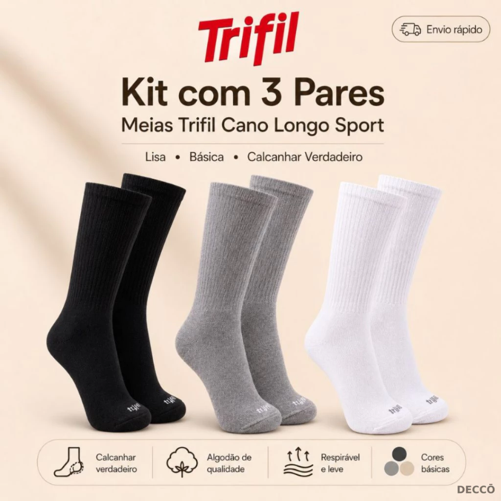 Kit com 3 Pares de Meias Trifil Esportiva Lisa Modelo Cano Longo Calcanhar Verdadeiro Básica Sport