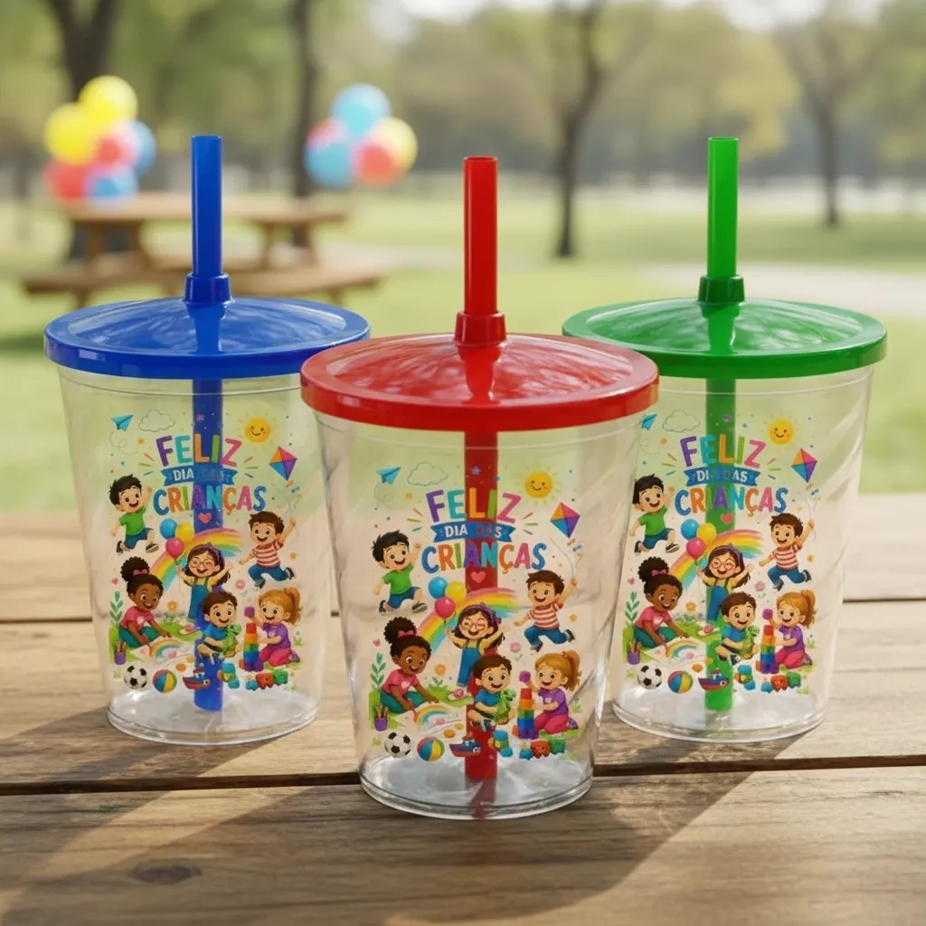 30 Copos Twister Caldereta Shake C/ Tampa e Canudo Personalizado Lembrancinha Tema Dia das Crianças