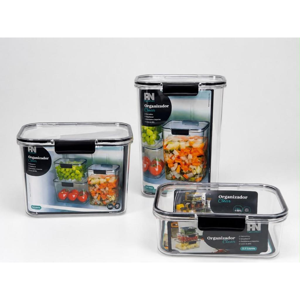 Kit 3 Potes Herméticos Organizadores 2,1L 3,61L 4,2L Transparente para Mantimentos Cozinha