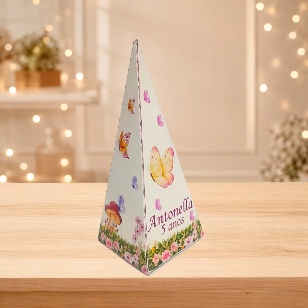 Kit10 á 30 Caixa Pirâmide Personalizada Jardim Encantado Borboleta Festa de aniversário lembrancinha