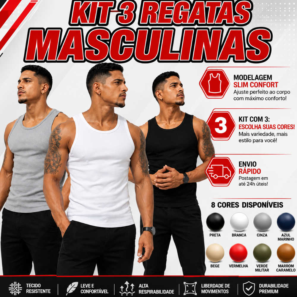 Kit 3 Regatas Masculinas Premium