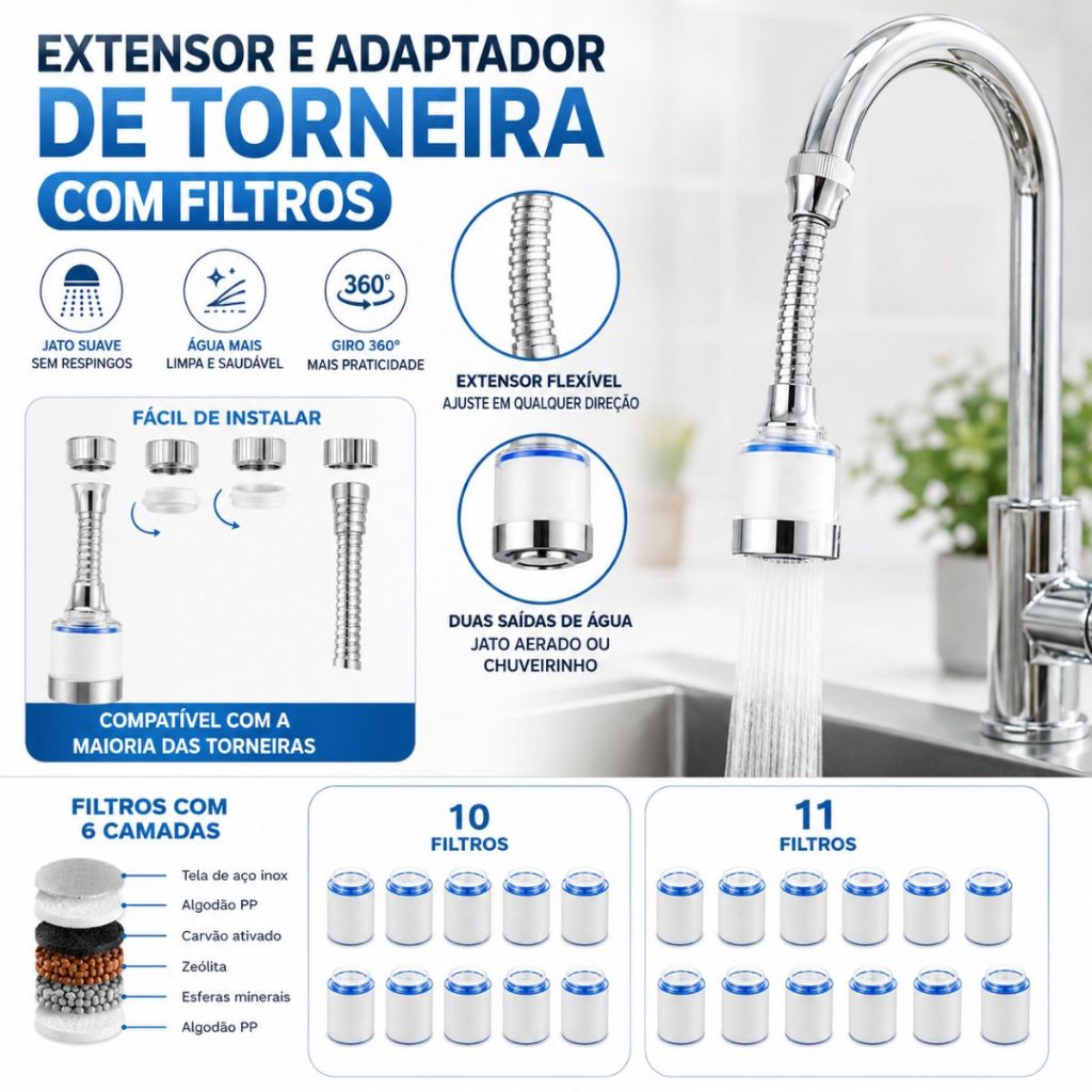 Kit Filtro de Torneira Extensor Giratório Filtragem Multicamadas Aço Inox Adaptador Universal Duhome