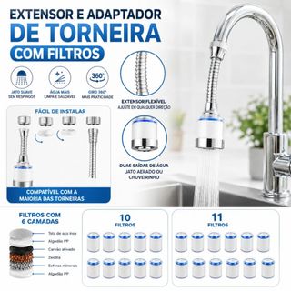 Kit Filtro de Torneira Extensor Giratório Filtragem Multicamadas Aço Inox Adaptador Universal Duhome