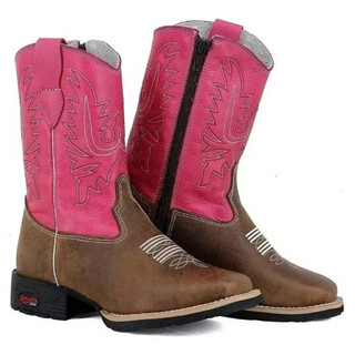 Bota Infantil Feminina Texana Country Couro Bordada Bico Quadrado