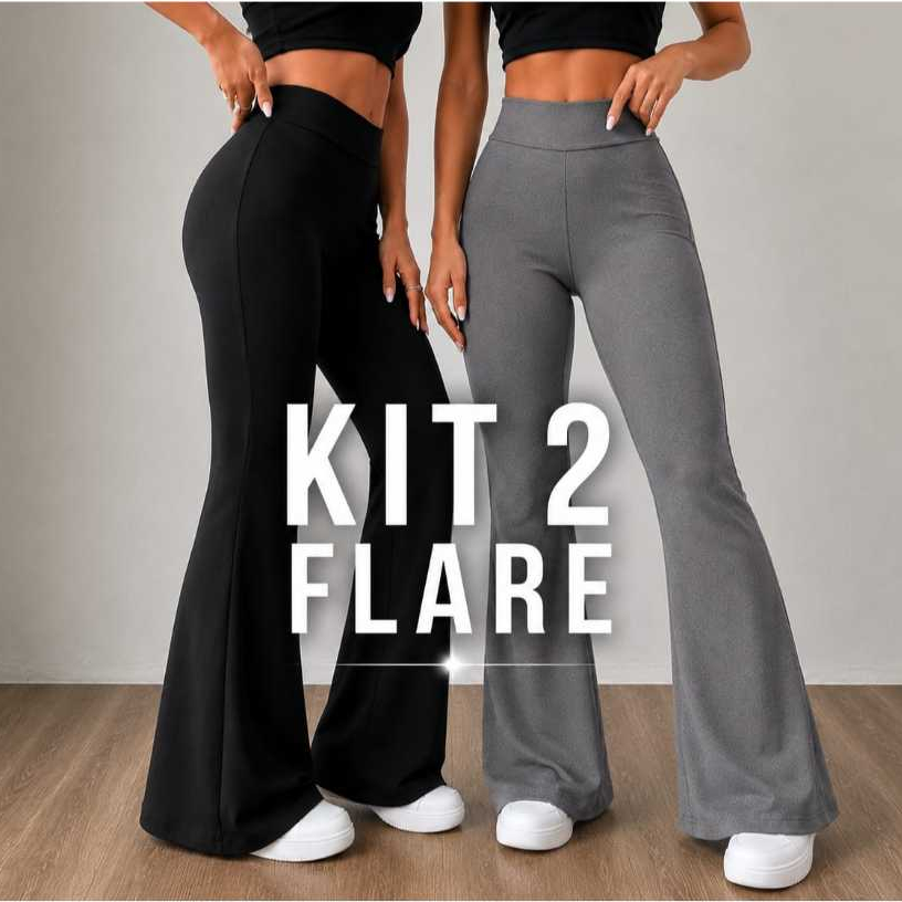 KIT 2 Calças Legging FLARE Bailarina Boca de Sino Grossa Fitness Academia Zero Transparência