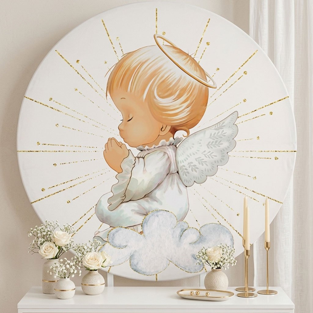 Painel Redondo Batizado 1,50m Decorativo Sublimado Em Tecido Com Elástico