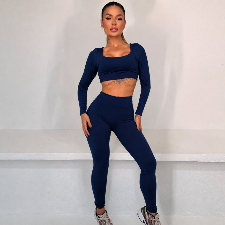 Conjunto Fitness Feminino Legging Cintura Alta + Cropped Manga Longa Academia Zero Transparência