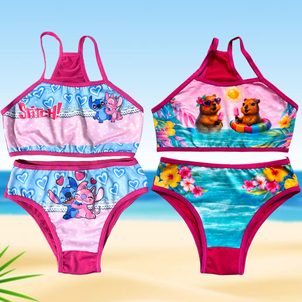 Kit 2 Conjunto Biquíni Infantil Moda Praia Sublimado Calcinha e Top desenhos presente menina natal