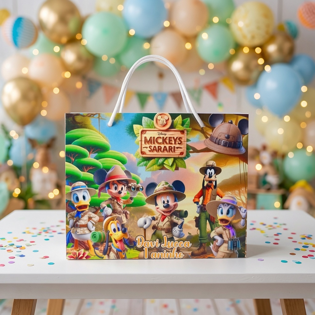 Sacolinhas Personalizadas Fazemos todos os temas Mickey Safari- Lembrancinha de Festa de Aniversário