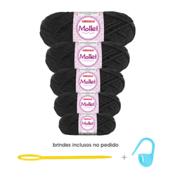 Kit 5 Novelos Fio Lã Mollet 40g Círculo - Cor 940 Preto + Agulha 9cm e Marcador Cadeado