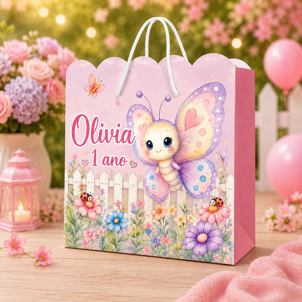 Sacolinhas Personalizadas Borboleta Baby Feliz festas, aniversário e Coleção de várias cores e idades.