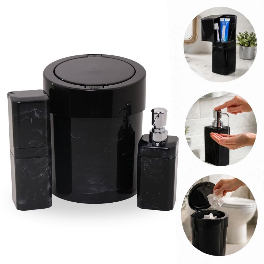 Kit Banheiro 3 Peças Lixeira + Porta Escova + Porta Sabonete Líquido