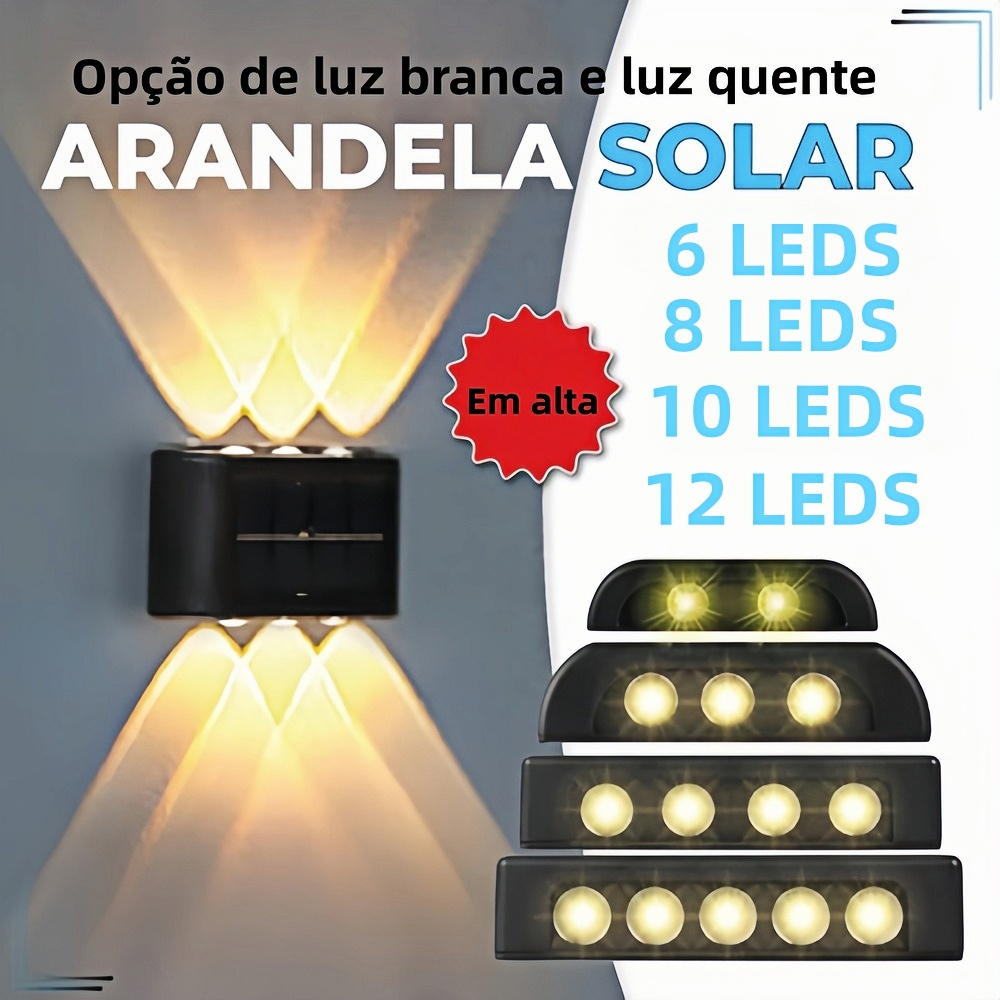 Arandelas Solares Slim com 2 Focos, Luminária 8/10/12 LED Luz Quente, Iluminação Externa para Casa, Jardim e Varan