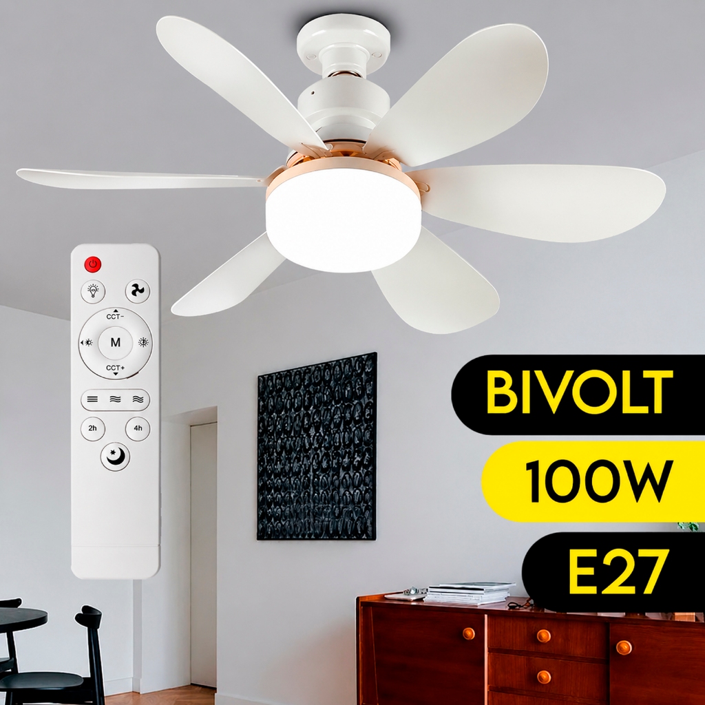 Ventilador Teto Com Luz 100W Integrada Silencioso Branco 5 Pás Com Controle Remoto E27