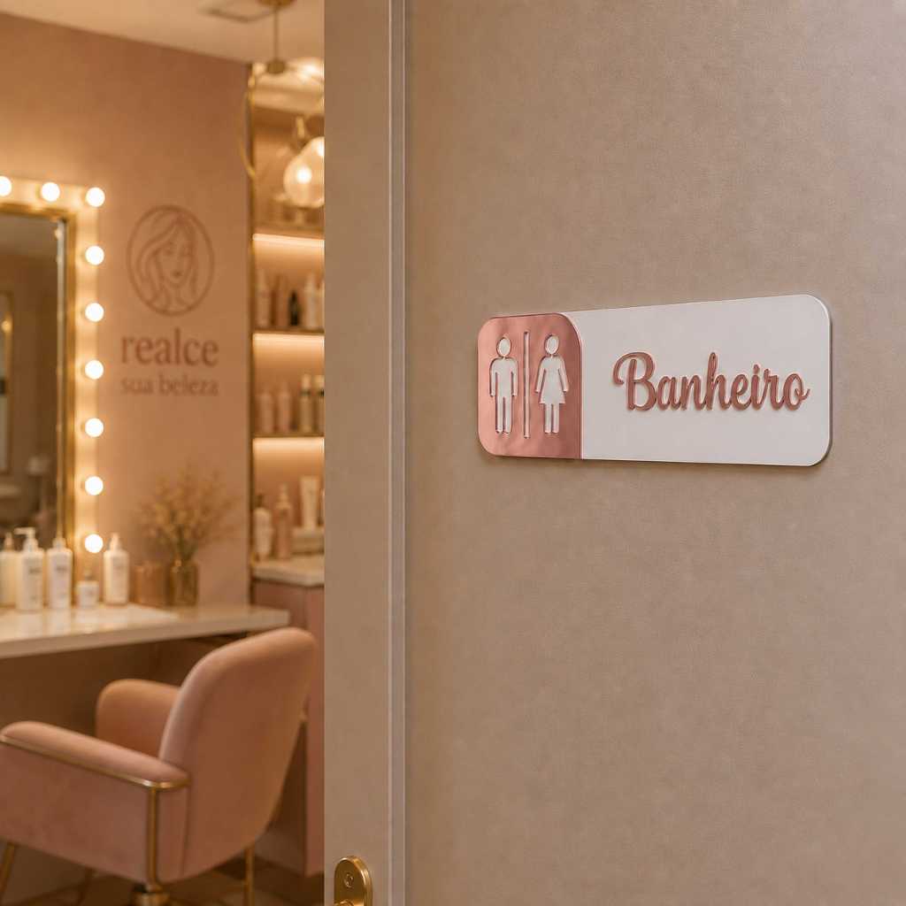 Placa Sinalização Identificação Porta Banheiro em Mdf e Acrílico Espelhado - Decoração Elegante
