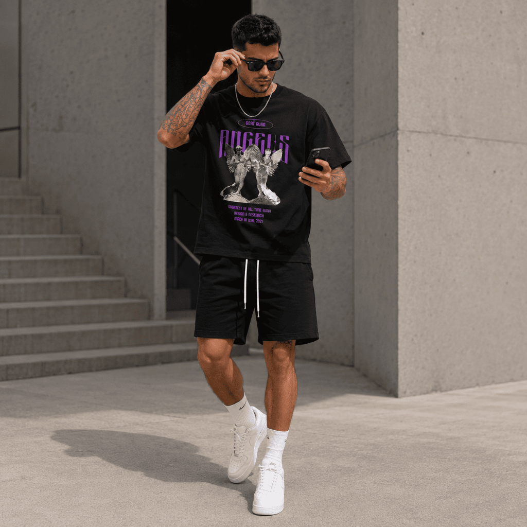 Conjunto Masculino Estampada Anjos Camiseta Streetwear e Short Tactel Casual Rua Estiloso Moda Masculina