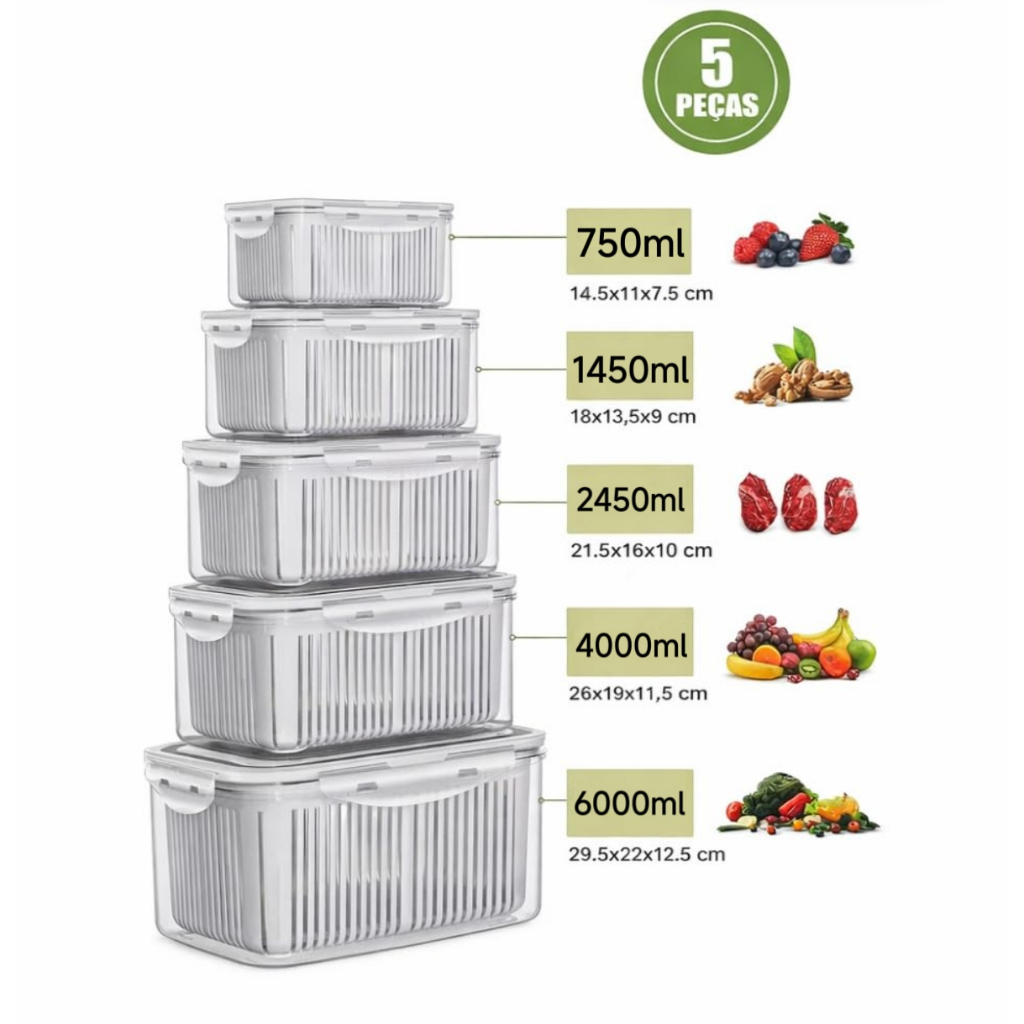 Kit 5 Potes Organizadores para Geladeira com Cesto Drenante e Tampa Hermética para Frutas e Legumes