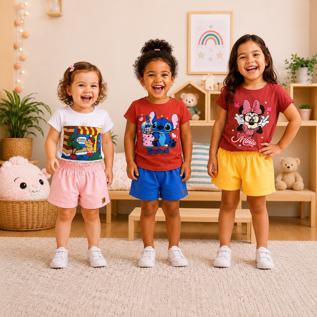 Conjunto Infantil Feminino Blusa Manga Curta e Short Saia Menina Estampado Roupa Infantil P ao G