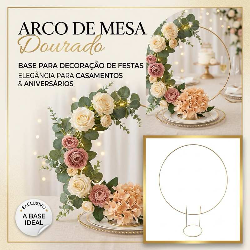 Arco De Mesa Dourado Redondo Painel P/ Balão Flores Decoração Festa Casamento Aniversário Centro De Mesa