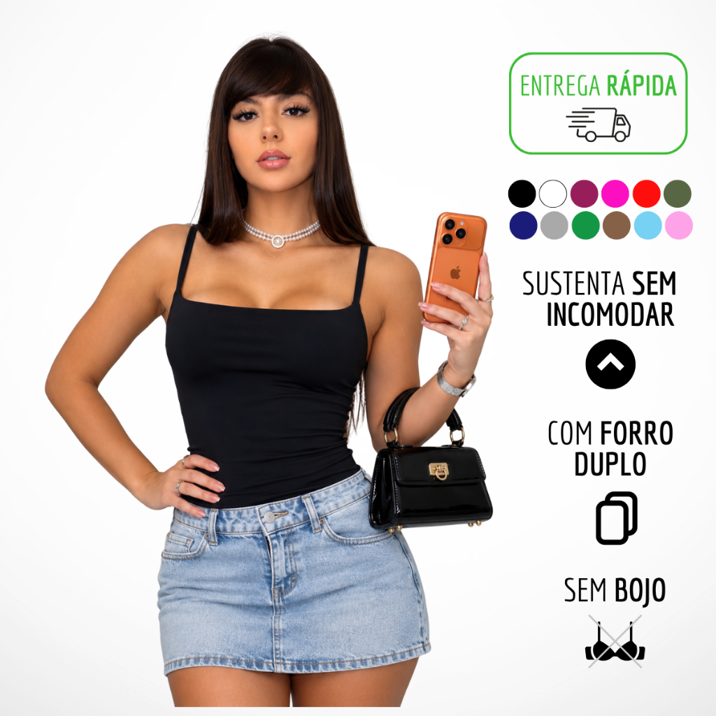 Regata Feminina Blusa Alça Fina com Forro Duplo no Busto Suplex Blogueira Fitness
